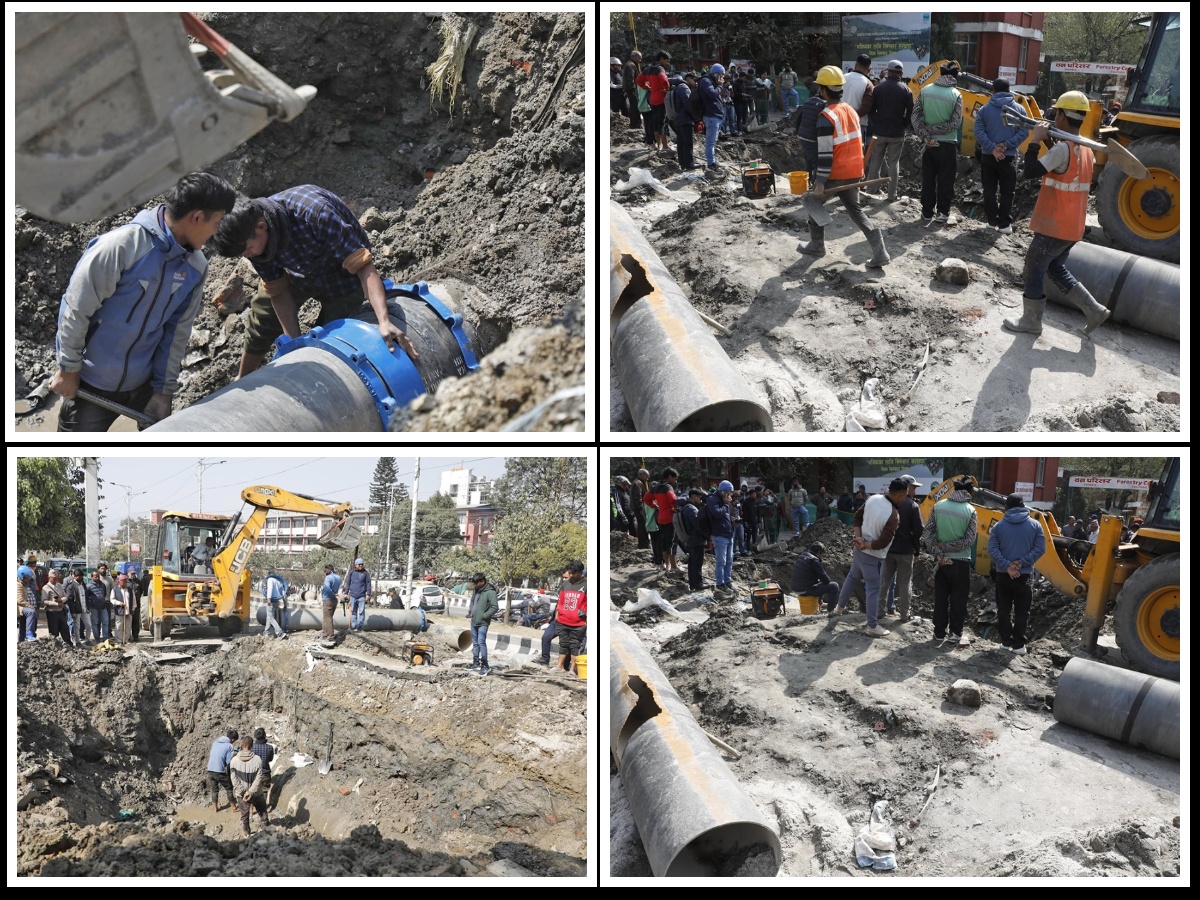 यसरी भइरहेको छ बबरमहलमा फुटेको पाइप मर्मतको काम
